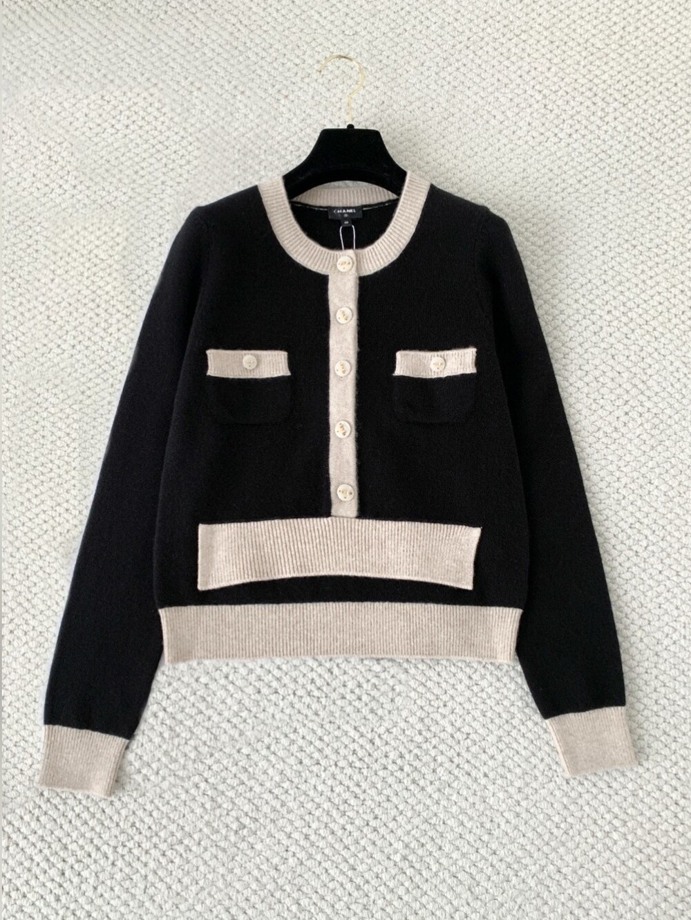 CHANEL Black Cashmere cardigan Sweater with Cream Trim Crewneck